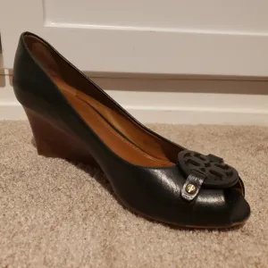 Tory Burch Mini Miller Peep Toe Wedge Black Size 7.5