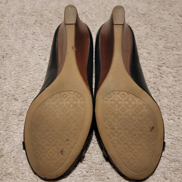 Tory Burch Mini Miller Peep Toe Wedge Black Size 7.5