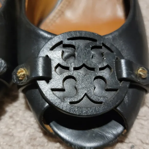 Tory Burch Mini Miller Peep Toe Wedge Black Size 7.5