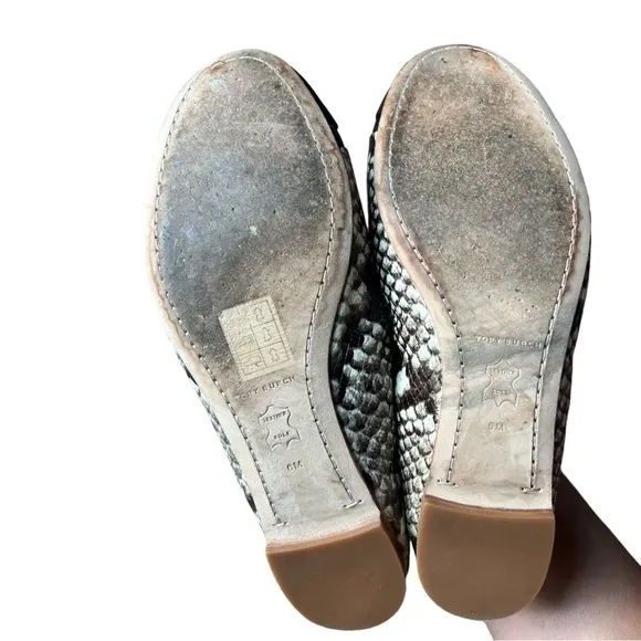 Tory Burch Minnie Cap Toe Snake Print Roccia &amp; Black Leather Ballet Flats, Sz 6
