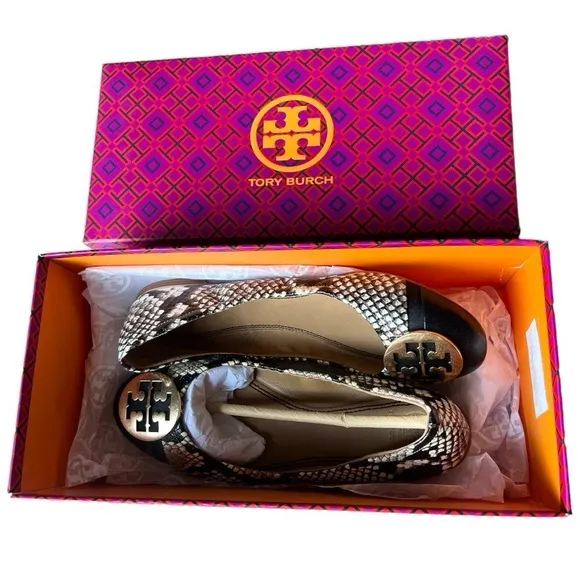 Tory Burch Minnie Cap Toe Snake Print Roccia &amp; Black Leather Ballet Flats, Sz 6