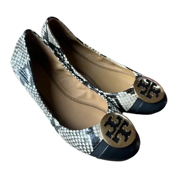 Tory Burch Minnie Cap Toe Snake Print Roccia &amp; Black Leather Ballet Flats, Sz 6
