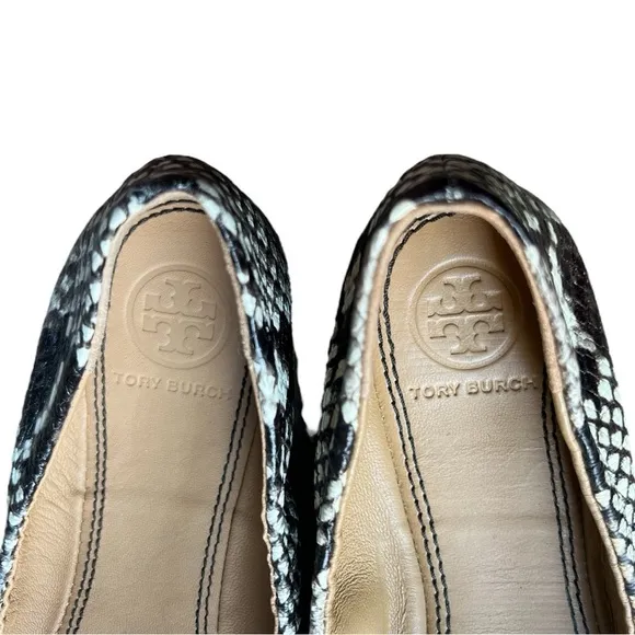 Tory Burch Minnie Cap Toe Snake Print Roccia &amp; Black Leather Ballet Flats, Sz 6
