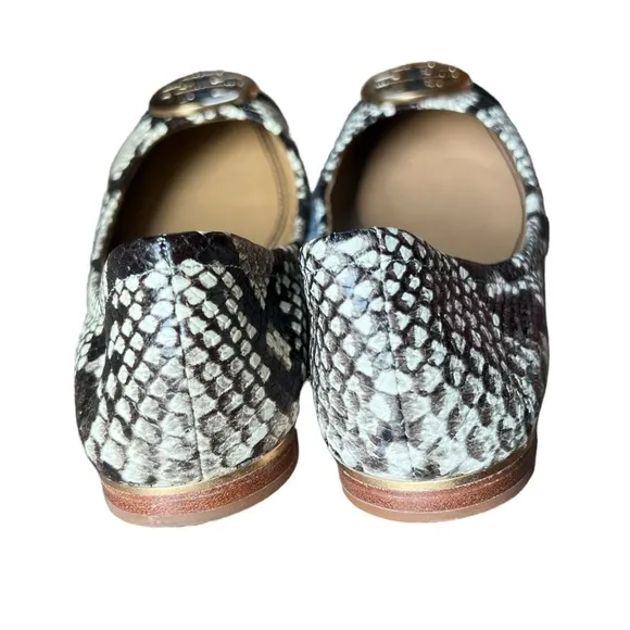 Tory Burch Minnie Cap Toe Snake Print Roccia &amp; Black Leather Ballet Flats, Sz 6
