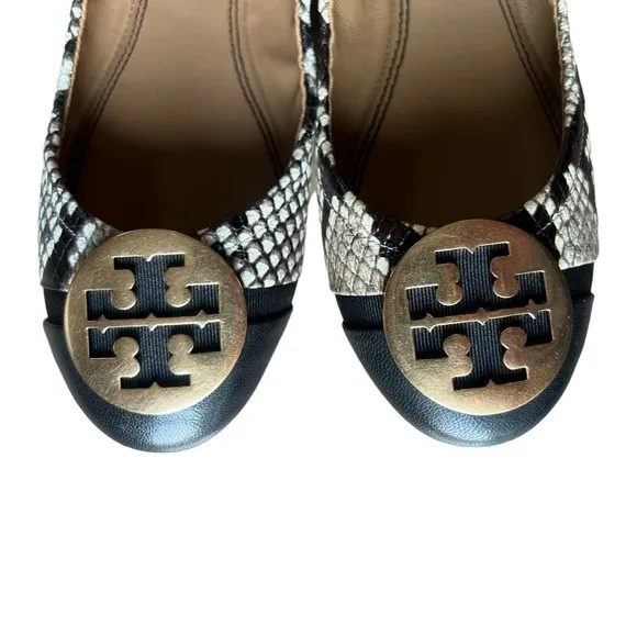 Tory Burch Minnie Cap Toe Snake Print Roccia &amp; Black Leather Ballet Flats, Sz 6