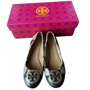 Tory Burch Minnie Cap Toe Snake Print Roccia &amp; Black Leather Ballet Flats, Sz 6