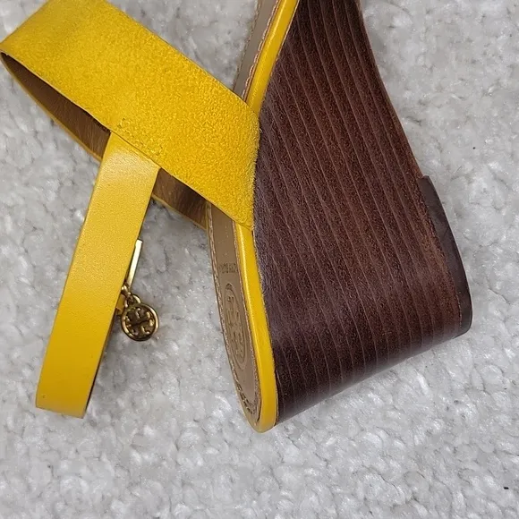 TORY BURCH mustard yellow leather and suede strappy wedges  size 6.5