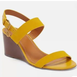 TORY BURCH mustard yellow leather and suede strappy wedges  size 6.5