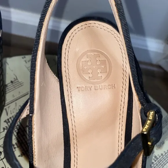 Tory Burch Ollie black polka dot peep toe platform wedges