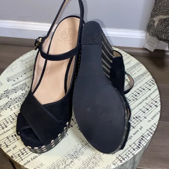 Tory Burch Ollie black polka dot peep toe platform wedges