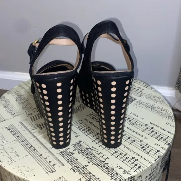 Tory Burch Ollie black polka dot peep toe platform wedges
