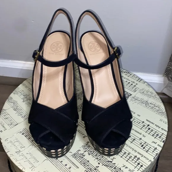 Tory Burch Ollie black polka dot peep toe platform wedges
