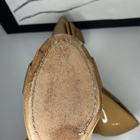 Tory Burch Patent Leather Camel Trudy Peep-Toe Wedges Women’s Size 7.5 M