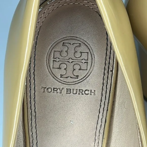 Tory Burch Patent Leather Camel Trudy Peep-Toe Wedges Women’s Size 7.5 M
