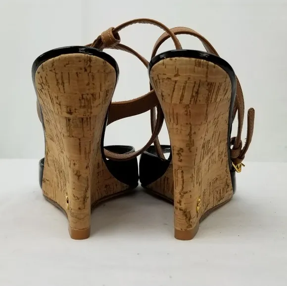 Tory Burch Patent Open Toe Platform Wedges Sandals