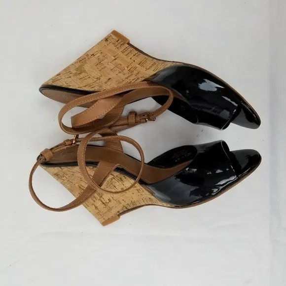 Tory Burch Patent Open Toe Platform Wedges Sandals