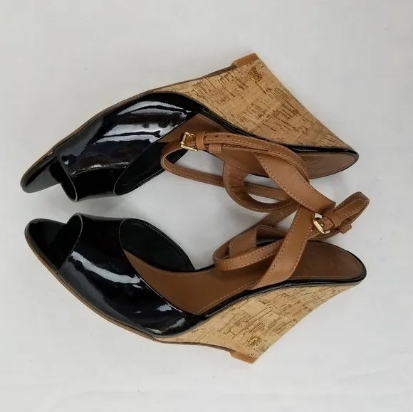 Tory Burch Patent Open Toe Platform Wedges Sandals