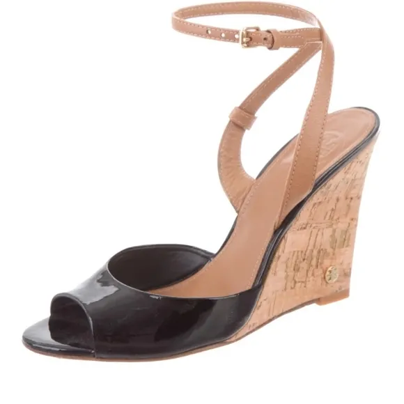 Tory Burch Patent Open Toe Platform Wedges Sandals