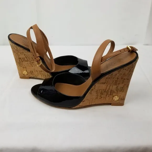 Tory Burch Patent Open Toe Platform Wedges Sandals