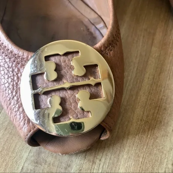 TORY BURCH Peep Toe Wedge Pump Sally 2 Leather Heels Tan Gold Shoes