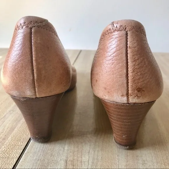 TORY BURCH Peep Toe Wedge Pump Sally 2 Leather Heels Tan Gold Shoes