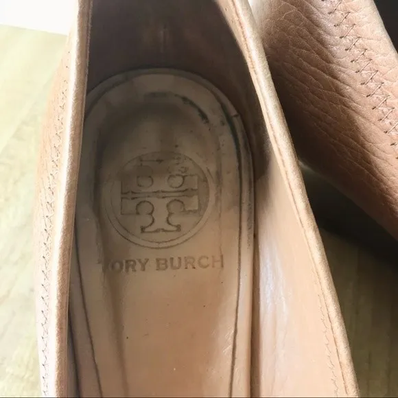 TORY BURCH Peep Toe Wedge Pump Sally 2 Leather Heels Tan Gold Shoes