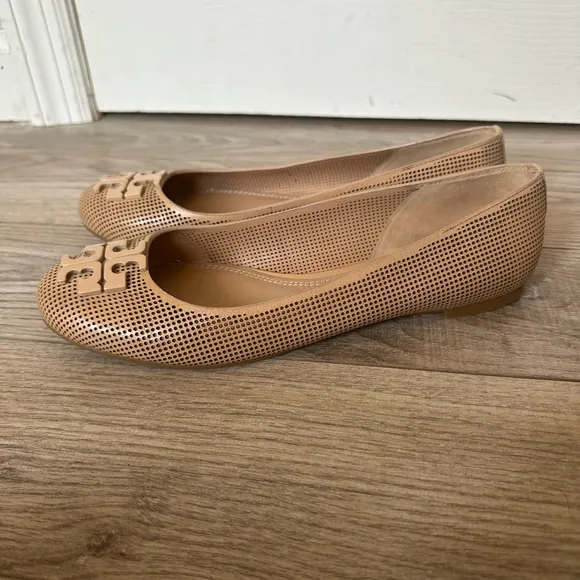 Tory Burch Perforated Beige Leather Ballet Flats