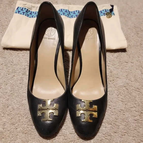 Tory Burch Raleigh Black Leather Wedges Heels Size 8