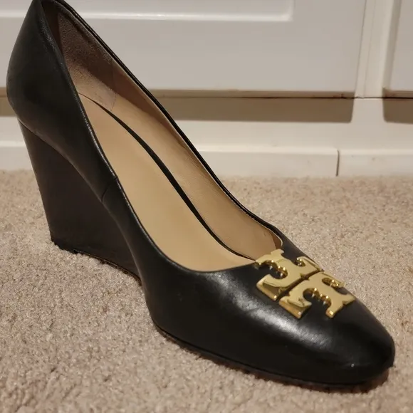Tory Burch Raleigh Black Leather Wedges Heels Size 8