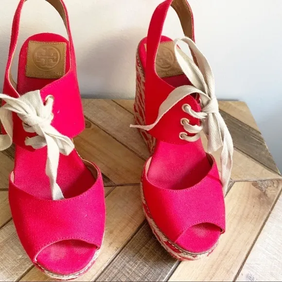 Tory Burch Red Linley Canvas Wedges