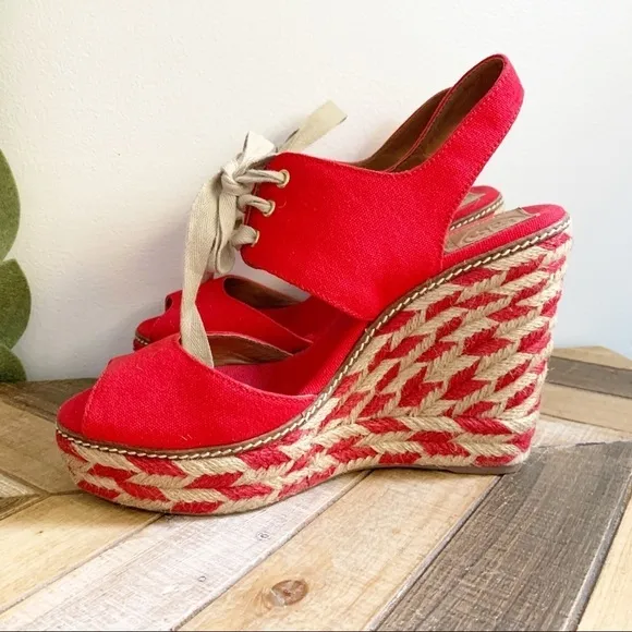 Tory Burch Red Linley Canvas Wedges