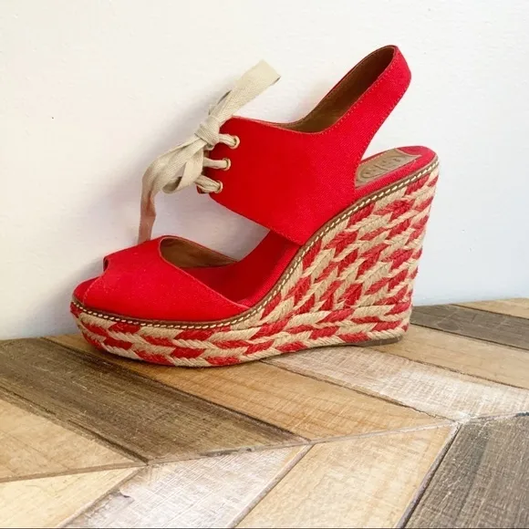 Tory Burch Red Linley Canvas Wedges