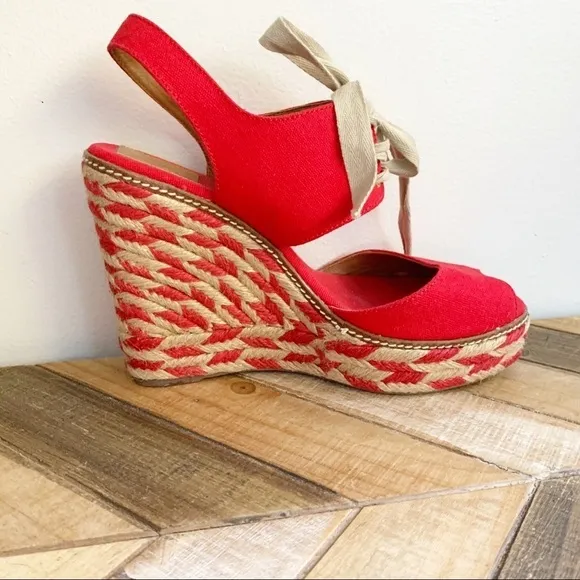 Tory Burch Red Linley Canvas Wedges