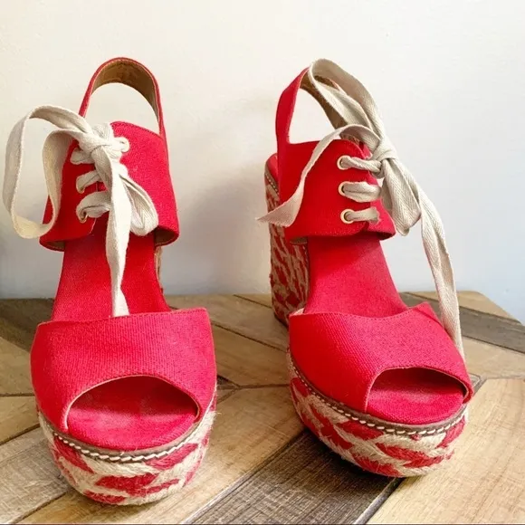Tory Burch Red Linley Canvas Wedges