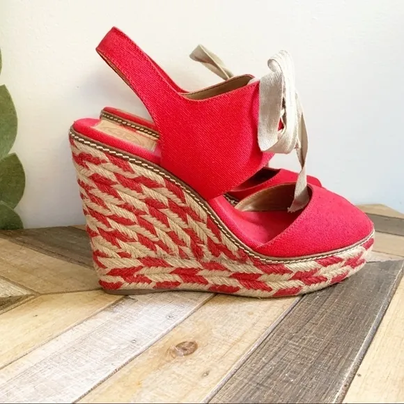 Tory Burch Red Linley Canvas Wedges