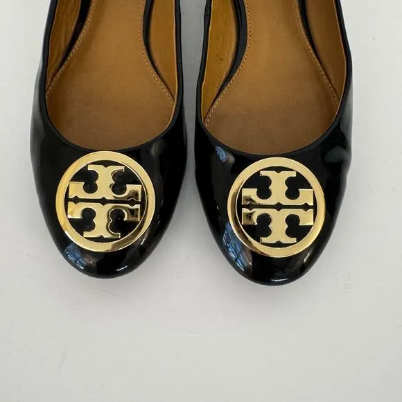 Tory Burch Reva Patent Leather Ballet Flats Shoes Double T Logo Black 8