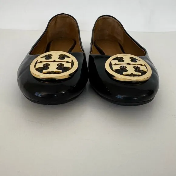 Tory Burch Reva Patent Leather Ballet Flats Shoes Double T Logo Black 8