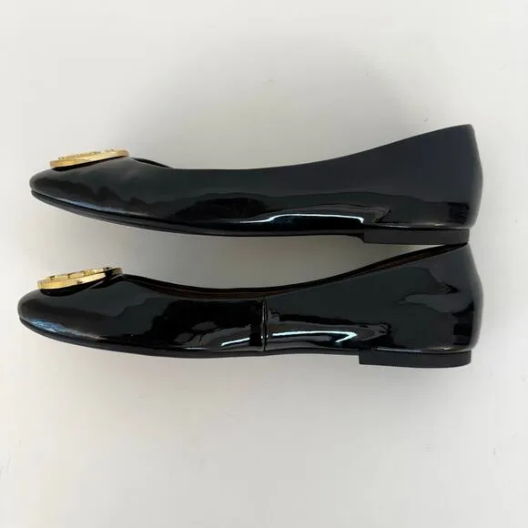 Tory Burch Reva Patent Leather Ballet Flats Shoes Double T Logo Black 8