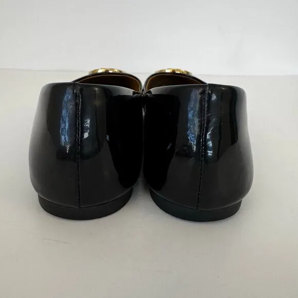 Tory Burch Reva Patent Leather Ballet Flats Shoes Double T Logo Black 8