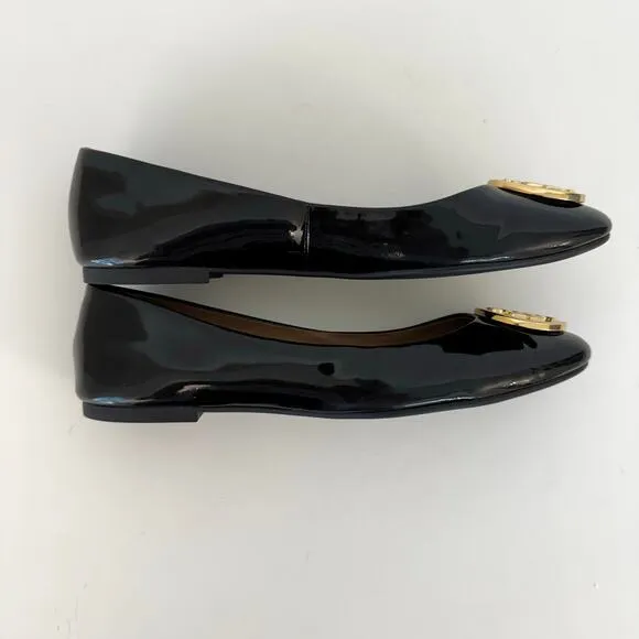 Tory Burch Reva Patent Leather Ballet Flats Shoes Double T Logo Black 8