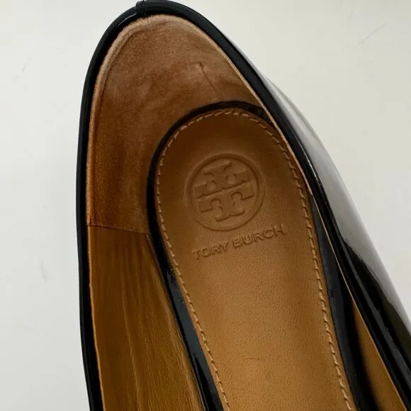 Tory Burch Reva Patent Leather Ballet Flats Shoes Double T Logo Black 8