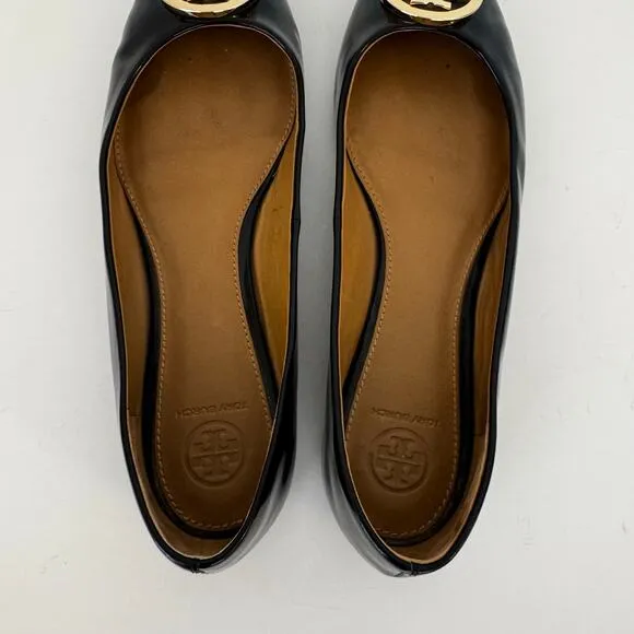 Tory Burch Reva Patent Leather Ballet Flats Shoes Double T Logo Black 8