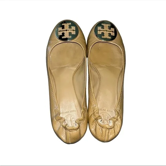 Tory Burch Reva Patent Tumble Leather Ballet Flats Tan and Gold