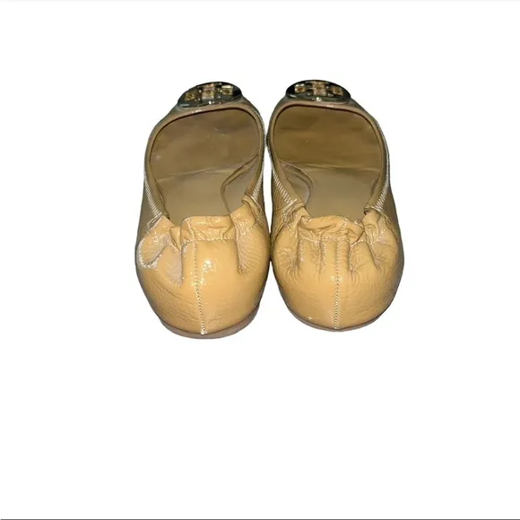 Tory Burch Reva Patent Tumble Leather Ballet Flats Tan and Gold
