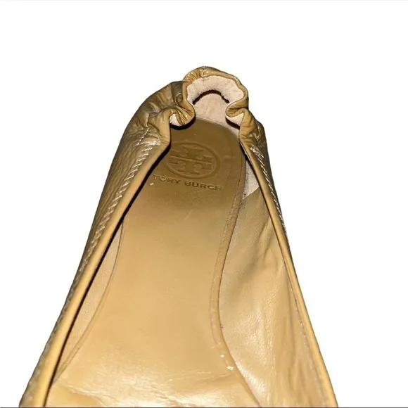 Tory Burch Reva Patent Tumble Leather Ballet Flats Tan and Gold