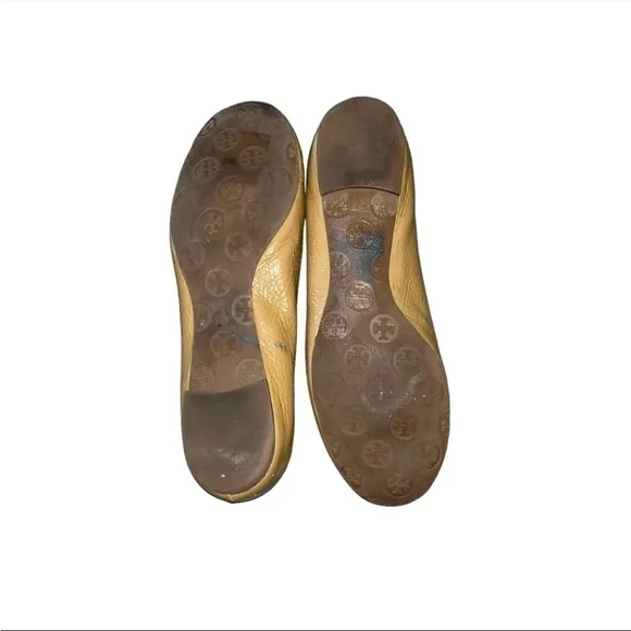 Tory Burch Reva Patent Tumble Leather Ballet Flats Tan and Gold