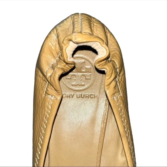Tory Burch Reva Patent Tumble Leather Ballet Flats Tan and Gold