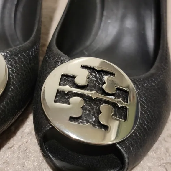 Tory Burch Sally 2 Black Leather Peep Toe Wedges Heels Size 7.5
