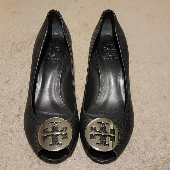 Tory Burch Sally 2 Black Leather Peep Toe Wedges Heels Size 7.5