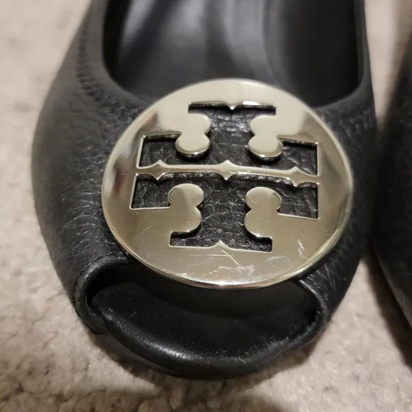 Tory Burch Sally 2 Black Leather Peep Toe Wedges Heels Size 7.5